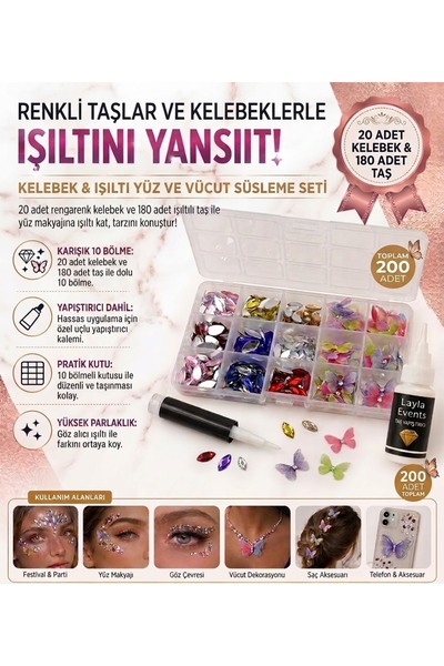 LAYLAEVENTS Profesyonel Yüz - Vücut Taşı Seti 200 adet+kutulu+yapıştırıcı-Yen...