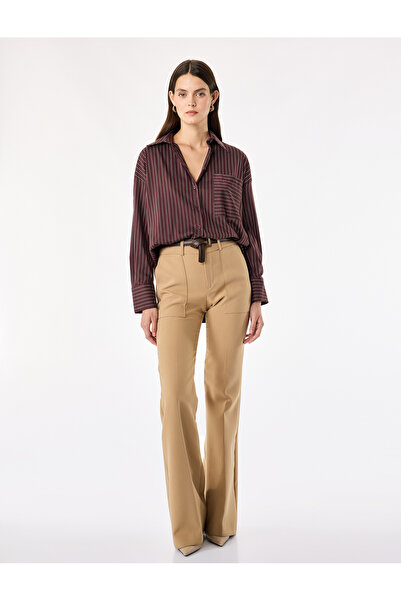 Koton Cotton Single Pocket Detailed Long Sleeve Striped Oversize Shirt