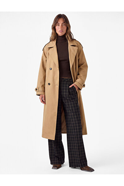 Koton Uzun Kollu Kemerli Çift Cepli Oversize Gabardin Kruvaze Trençkot