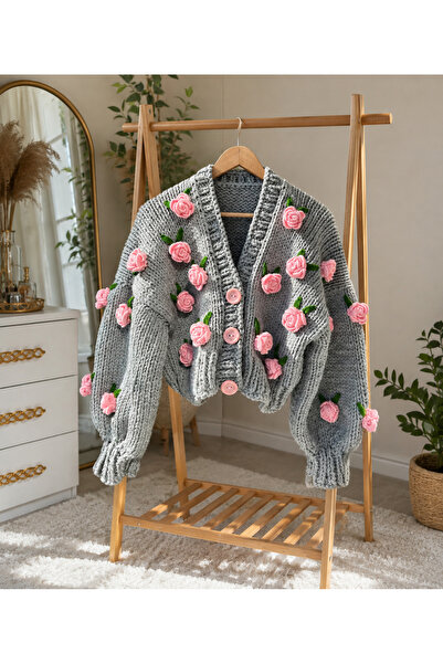 Barzey crafts كارديجان نسائي محبوك يدويًا بتفاصيل ورود وردية، كارديجان مزين ب...