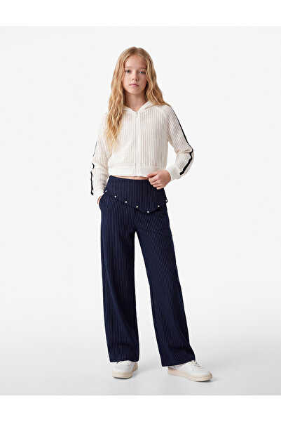 Koton Eyelet Detailed Viscose Blend Loose Cut Striped Trousers