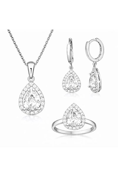 Inure Jewelry Gümüş Beyaz Zirkon Taşlı Damla Kadın Set