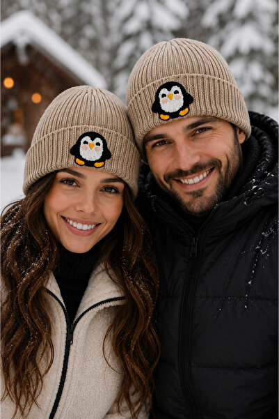byebruketenci koyu krem bej yün bere penguen punch lüks bere desenli