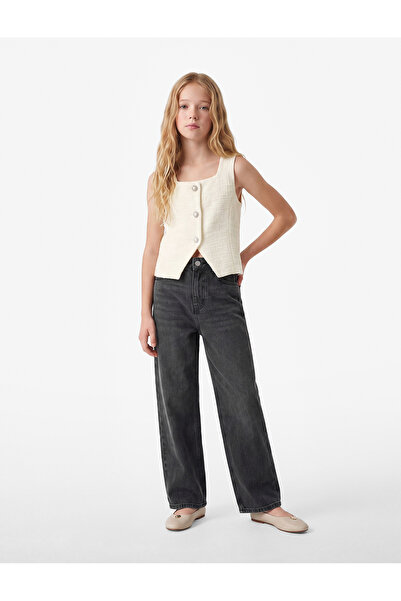 Koton Sleeveless Square Neck Buttoned Crop Tweed Blouse