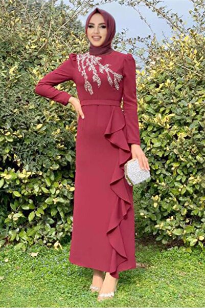 TRENDTESETTÜR KADIN BORDO VOLANLI TAŞ İŞLEMELİ ELBİSE 0563