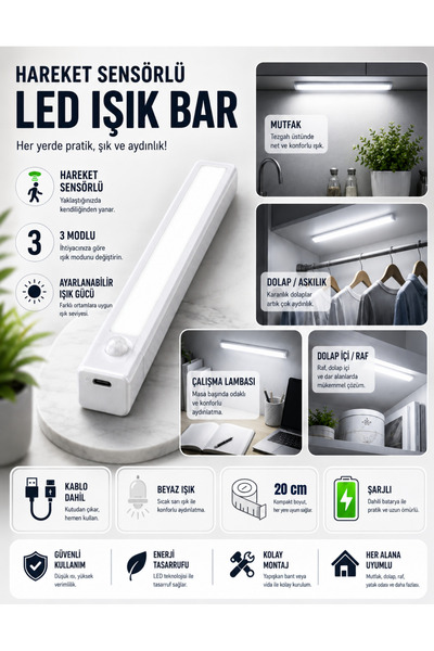 Folveit Hareket Sensörlü Tüp Ledli Şarjlı Beyaz Led Auto Mod Dolap Içi, Korid...