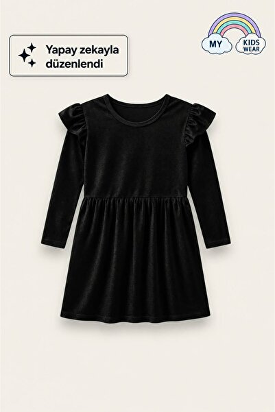 My Kids Wear Girls' Long Sleeve Ruffle Detail Velvet Dress 3-10 Years 12112