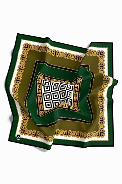 VİOLLA Twill Çizgili Barok Desenli Siyah - Haki Renkli 90x90 Eşarp (İpek İçer...
