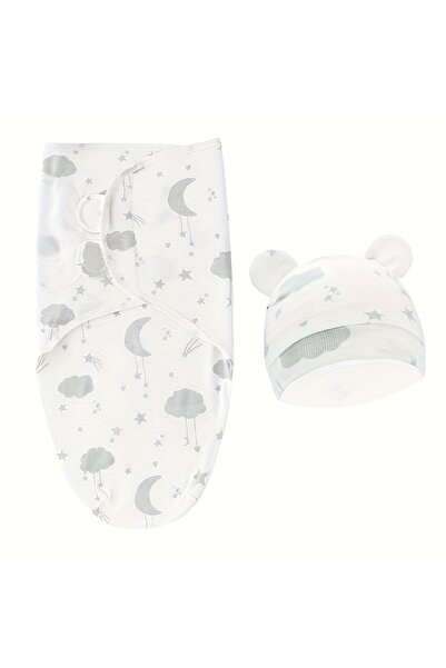 Choice WHITE 1PC Baby Swaddle Set with Hat, Soft Gray, Star, Cloud & Moon Pat...