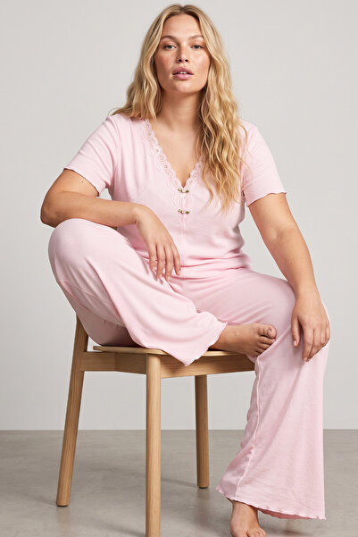 Siyah İnci Pink Lace Detailed Ribbed Plus Size Oversized Knitted Pajama Set 2...