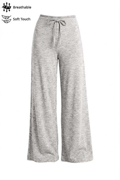 Cottonhill Gray Melange Viscose Basic High Waist Wide Leg Lace-Up Women's Tro...