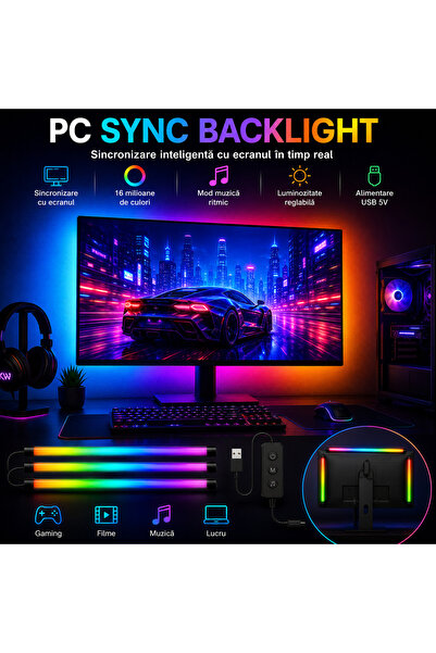OEM Bandă LED RGB KWMLIGHT pentru Monitor de 24 inch, Kit de iluminare de fundal sincronizată pentru PC cu 3 bare rigide, Sincronizare ecran, USB 5V