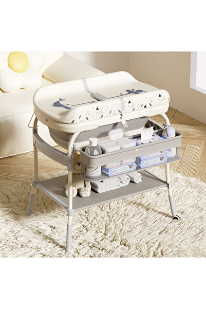 Beberoyal Set de baie pentru bebe–Masa de înfășat,cadita pliabilă, termometru digital și înălțime reglabila