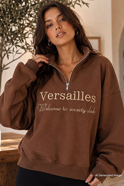 Madmext Brown Half Zip Printed Sweatshirt Mg2240