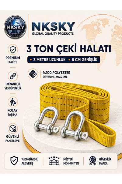 NKSKY 3 Ton Araç Çekme Halatı 3 Metre 5 cm Genişlik Güçlendirilmiş Uçlu Oto Ç...