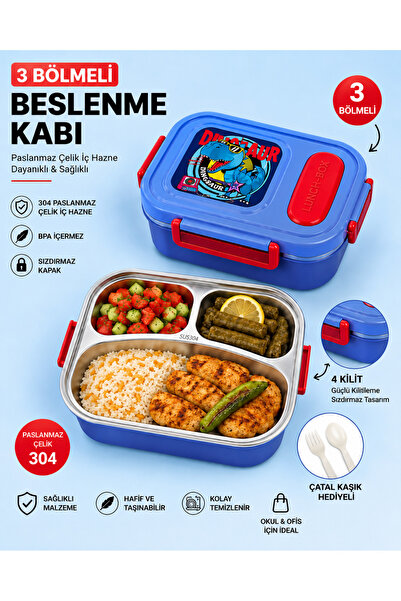 MUZEKO 3 Bölmeli Paslanmaz Çelik Yemek Kabı Sızdırmaz Kapaklı, Taşınabilir Be...