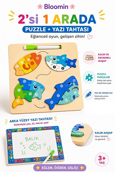 Bloomin Educational Wooden Toy Themed Puzzle - Bultak and Erasable Writing Bo...