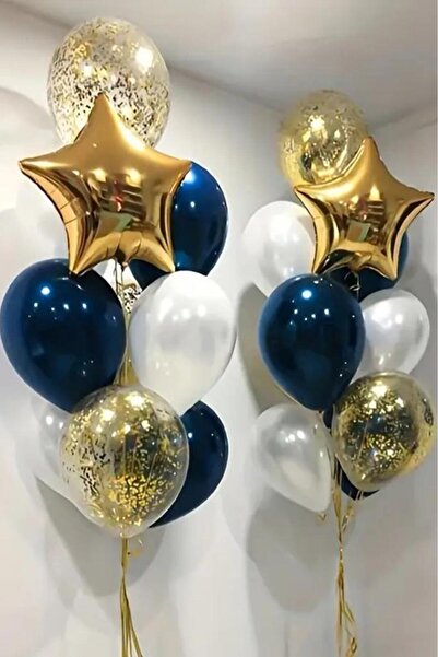 BeySüS Gold Yıldız Gece Mavisi Beyaz Şeffaf Konfetili Balon Seti