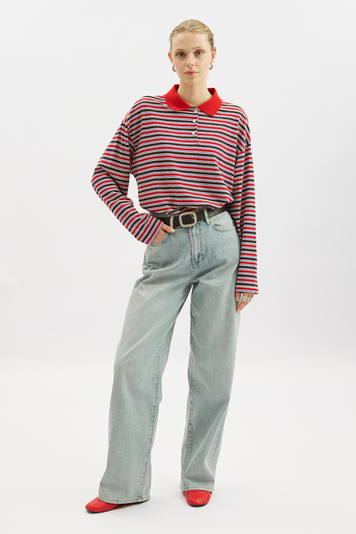 Manuka Striped Polo Collar Sweatshirt Red