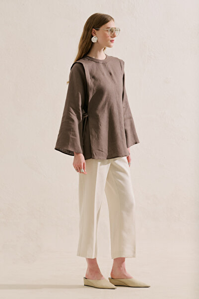 Manuka Linen Tunic with Tie-Up Sleeves in Mink
