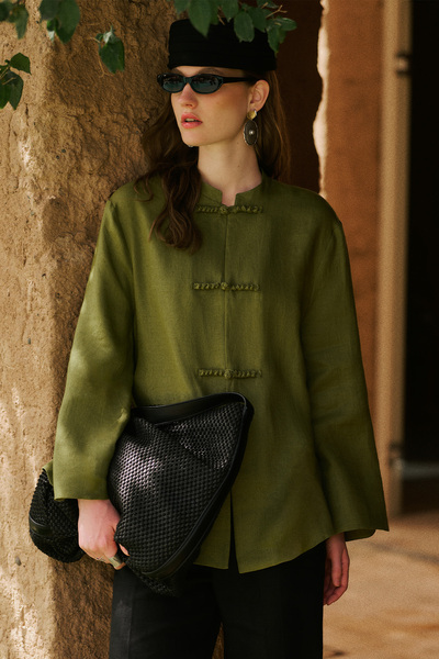 Manuka Linen Design Tie-Up Jacket Green