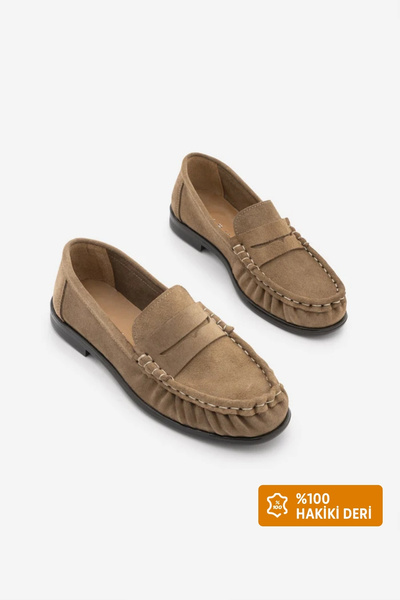 Marjin Women's Genuine Leather Oval Toe Moccasin Stitched Drawstring Loafer C...