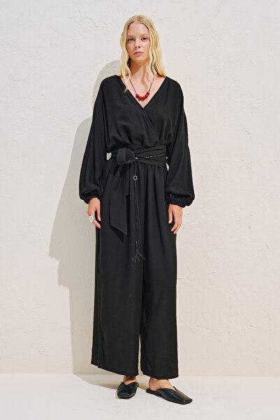 Manuka Linen Mixed Adjustable Waisted Jumpsuit Black
