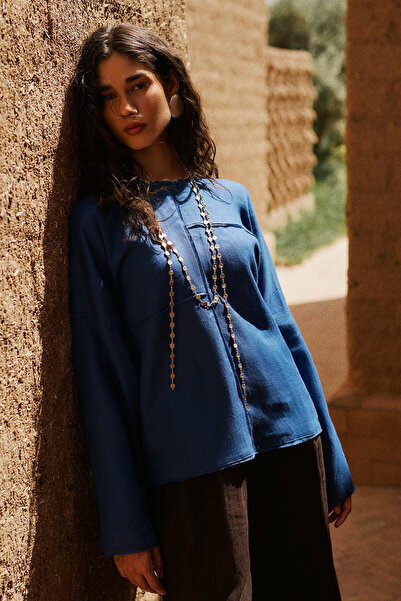 Manuka Linen Wide Sleeve Blouse Blue