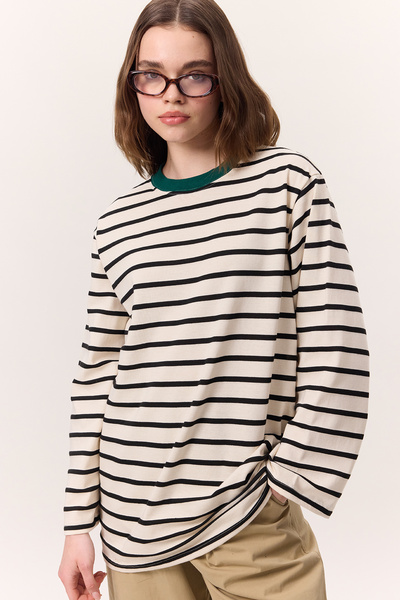 Manuka Striped Long Sleeve Oversize Tshirt Black