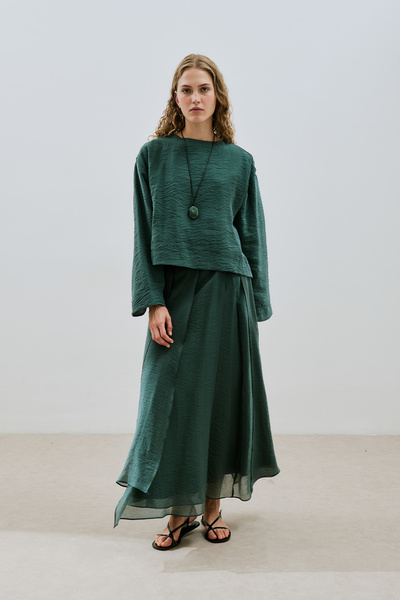 Manuka Wide Sleeve Drapey Blouse Green