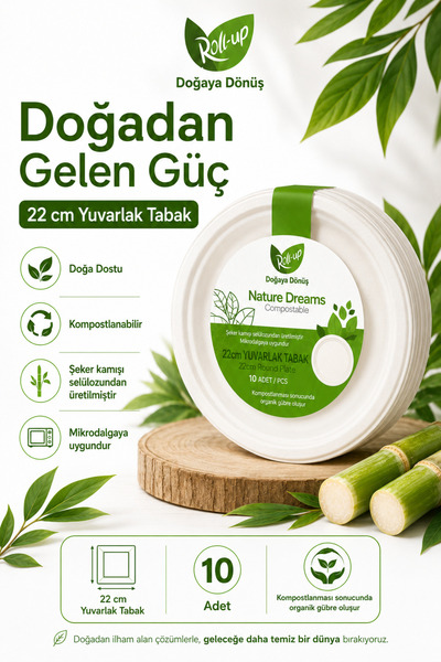 Roll-Up Doğa Dostu Kompostlanabilir Şeker Kamışı Yuvarlak Tek Kullanımlık Tab...