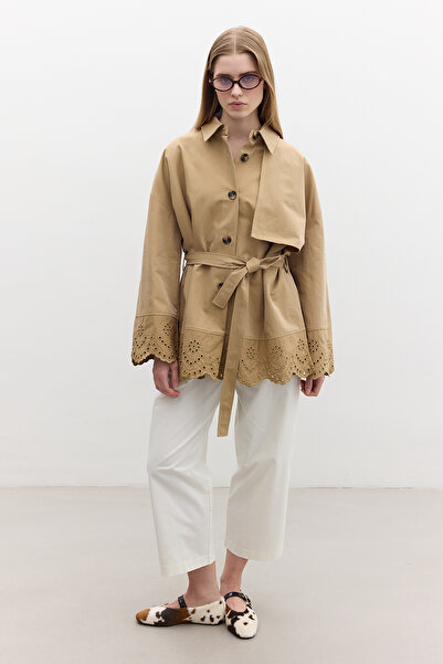 Manuka Design Trench Coat with Embroidery Detail Camel