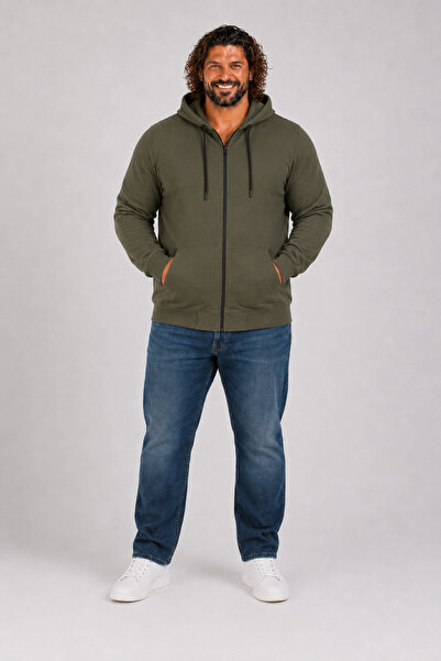 MocGrande Large Size Basic Seasonal Zippered Hooded Sweatshirt 22751 Khaki