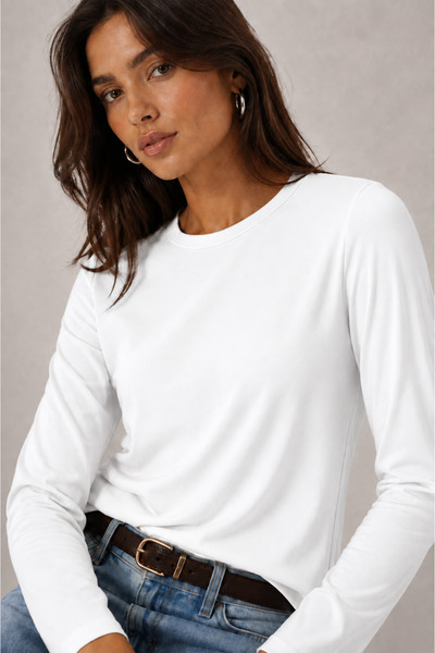 Sortie Women's Ecru Crew Neck Cotton Long Sleeve Basic Combed Cotton Tshirt B...