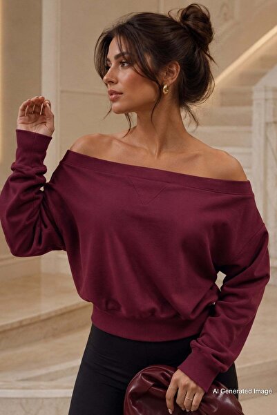 Madmext Burgundy Boat Neck Women's Sweatshirt Mg2239