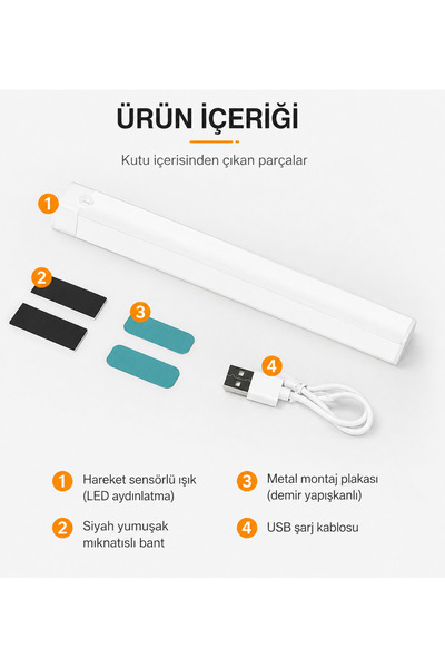 handanca 50 CM SARI GÜN IŞIĞI HAREKET SENSÖRLÜ DOLAP İÇİ ÇALIŞMA MASASI MUTFAK TEZGAH ALTI USB LED IŞIK