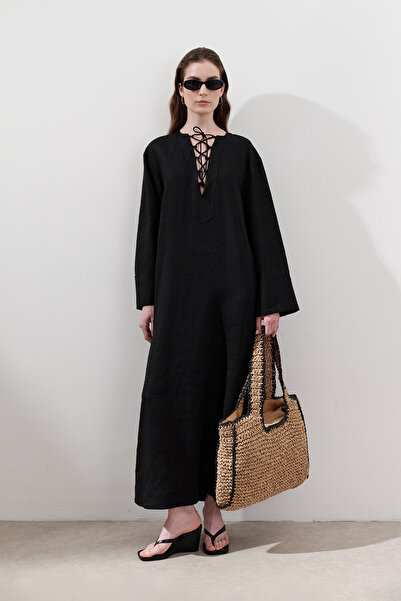 Manuka LEINEN BINDUNG DETAIL KLEID SCHWARZ