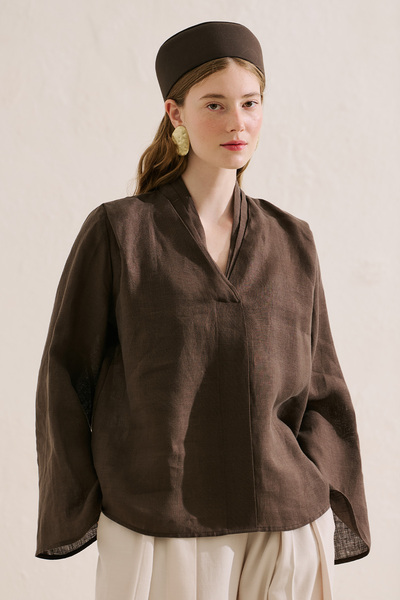 Manuka Linen Layered Collar Bluz Acikahve