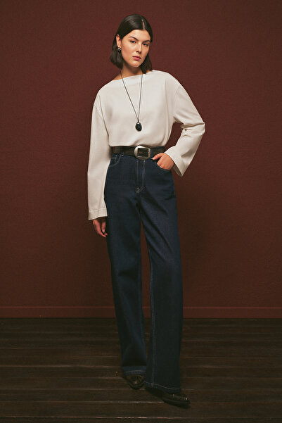 Manuka Wide Denim Pants with Stitching Details in Indigo