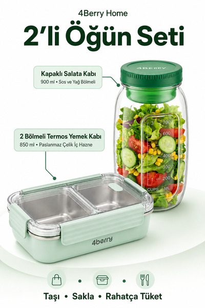 4 Berry 2 Bölmeli Termos Yemek Kabı – Sızdırmaz Kapaklı, Paslanmaz Çelik İç H...
