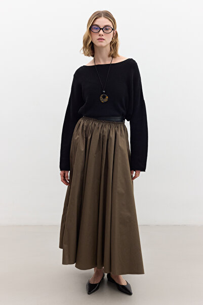 Manuka Leather-Detail Wide Skirt Khaki