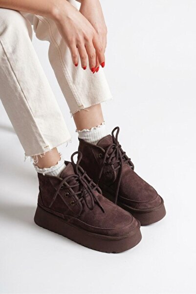 Ayakkabı Delisiyim Women's Boots Brown Suede – Wool Inside, Thick Sole, Lace-...