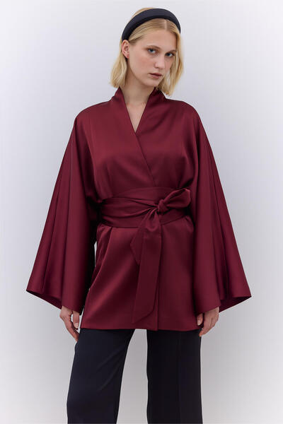 Manuka KIMONO SATENOWE Z PASKIEM, BURGUNDOWE