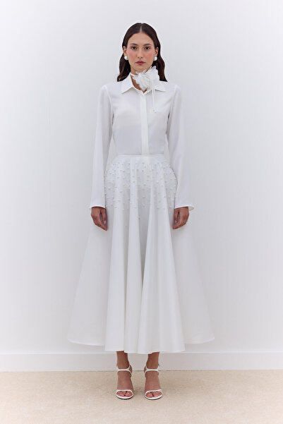 Manuka Pearl-Embellished Flawed Evening Dress Skirt Ecru