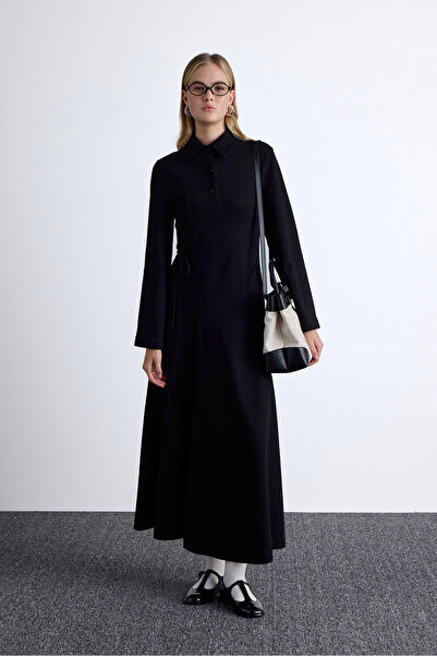 Manuka PREMIUM-STRICKKLEID MIT KRAUSEN KANTEN SCHWARZ