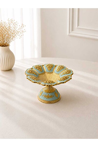 RAHSAN COLLECTİON Gold Acık Mavi Motifli Ayaklı Dekoratif Sunum Tabağı
