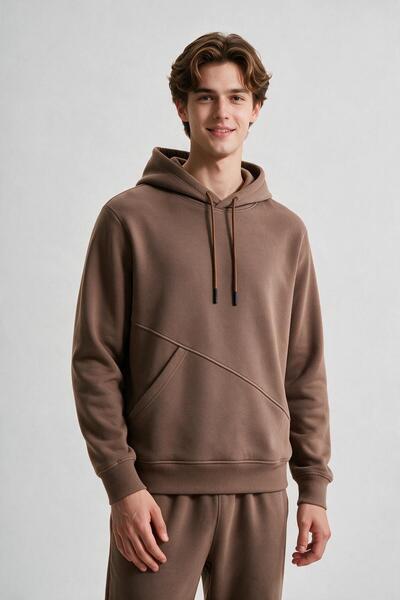 ELAFRO Men's Brown Hooded Sweatshirt with Side Pockets and 3-Thread Fleece In...
