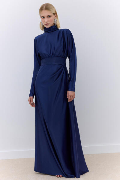 Manuka Satin Shoulder Drapeled Evening Dress Navy Blue