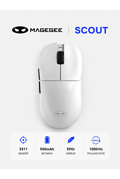 MageGee Scout 12.000DPI PAW3311 Triple Mode (Kablolu/Bluetooth/2.4G) Beyaz Ga...