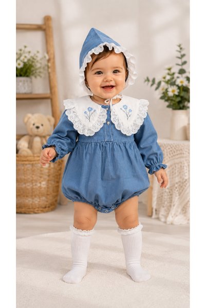 BES TREND Baby Girl Denim Baby Collar Long Sleeve Jumpsuit and Hat 2-Piece Set